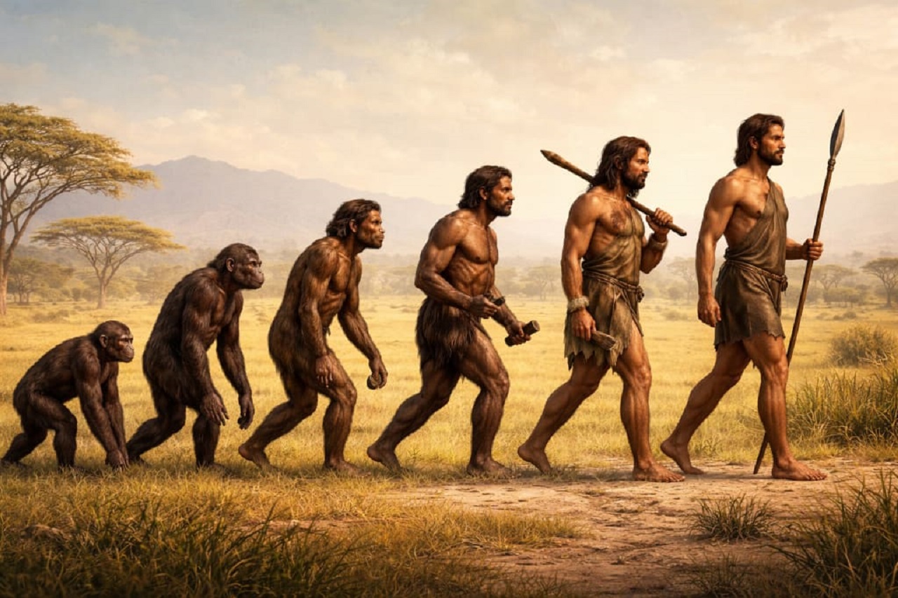 Classic "March of Progress" illustration showing five stages of human evolution walking upright across an African savanna — from early ape through Australopithecus and Homo erectus to modern Homo sapiens carrying a spear