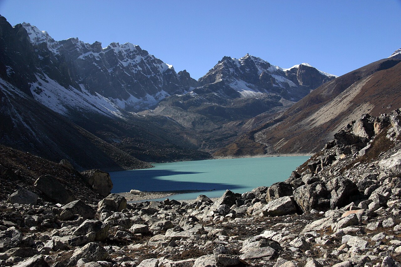 Turquoise glacial Gokyo Lake beneath Himalayan peaks